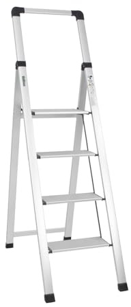 TRUTZHOLM Alu Trittleiter 4-stufig klappbar bis 150 kg Traglast Aluminium Silber Anti-Rutsch Trittflächen TÜV/GS Klapptritt 5,6 kg leicht platzsparend 5 cm schmal (Silber, 4 Stufen)