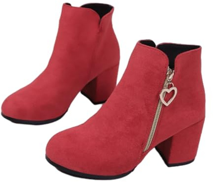 WXDTW Stivaletti corti da donna in pelle scamosciata, antiscivolo, con tacco a blocco, alla caviglia, alla moda, con cerniera laterale, per l'uso quotidiano, Rosso, 39.5 EU