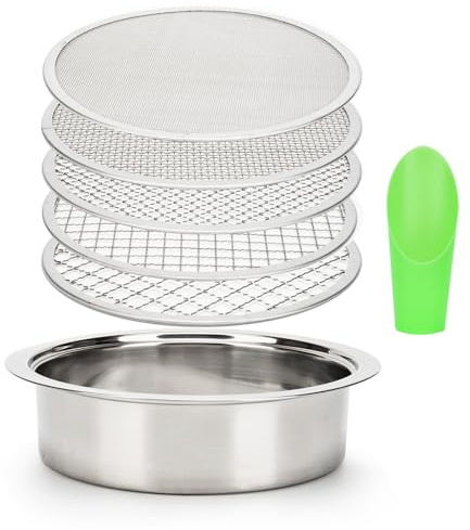 5-Piece Stainless Steel Soil Sifter Set with 1/3/6/9/12mm Mesh Screens - Heavy Duty Garden Sifter for Composting, Potting Mix & Seed Starting - Rust-Proof Soil Sieve & Sifting Pan