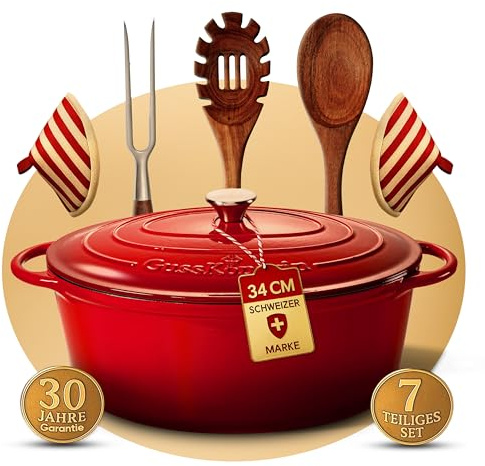 GUSSKÖNIGIN Bräter Gusseisen 34cm (XL)– Gusseisen-Topf & Schmortopf mit Deckel/Cocotte– Bräter & Schmortöpfe, Bräter mit Deckel backofengeeignet für Induktion & Ofen– inkl. Zubehör -30 jahr garantie