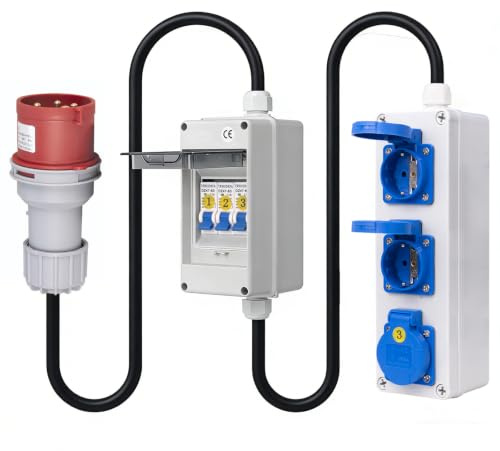 TRWUDRFA CEE Adapter 380V auf 220V(32A auf 16A) - Starkstrom Adapter 5-pol 32A CEE-Stecker auf 16A Steckdose mit 3X 16A Leitungsschutzschalter - IP54 Verteiler mit 3X 16A Schuko, 1M Starkstromkabel