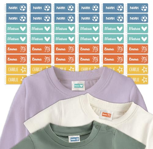 Gutmarkiert Namensaufkleber Kinderkleidung Mehrfarbig - 40 Stück 26x10mm | Langlebige Namensetiketten personalisierbar - Textilaufkleber einfach anzubringen - ideal für Kita und Schule