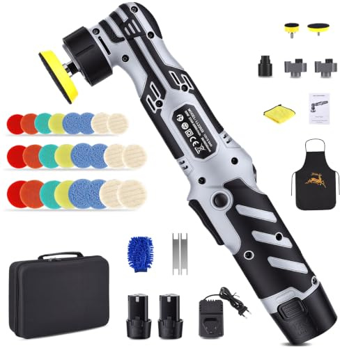 Yapasopu Polisseuse sans fil, 6 vitesses 2500–6500 tr/min, mode orbital 5/12mm et rotatif, 2 batteries 12V, Lustreuse voiture pour polissage, cirage et réparation de rayures