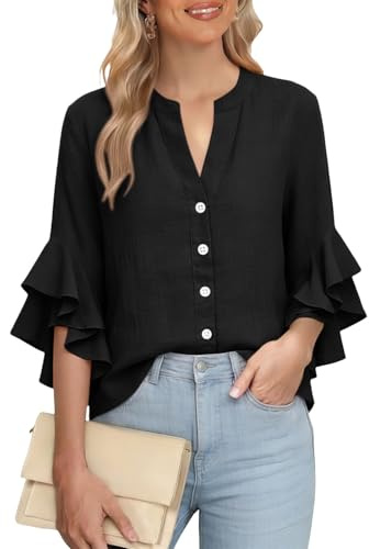 Camicia Donna Elegante con Volant Estiva Camicia Manica 3/4 Balze Camicetta Fantasia Curvy Manica Lunga Scollo a V Blusa Particolari Leggera Comoda Maglia Shirt Tops Taglie Forti Magliette