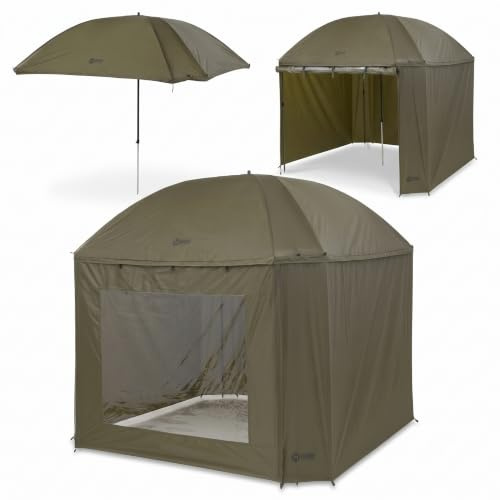 CarpDeal XXL Angelschirm 3-in-1 Karpfenzelt Brolly Bivvy System 220x220cm für 4 Personen – Wasserdichtes Angelzelt 8000mm mit Seitenwand & Fensterfront – Sturmfester Wetterschutz inkl. Zubehör
