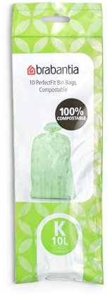 Brabantia PerfectFit Bags K Sacchetti per Spazzatura Compostabili, 10L, Verde, Rotolo da 10 Sacchetti