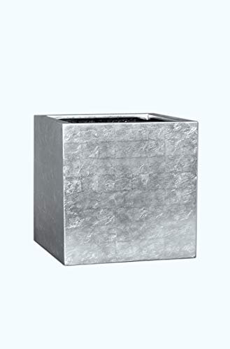 Pflanzkübel L40x B40x H40cm aus Fiberglas in Hochglanz Silber, Blumenkübel, Pflanztöpfe