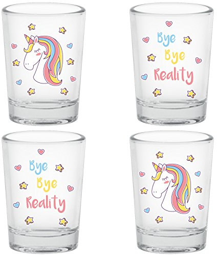 Einhorn Schnapsgläser 5cl Bye Bye Reality 4 Stück Shot-Glas Set lustig mit Geschenk Karton
