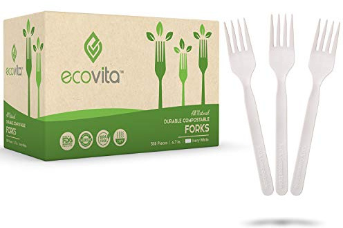 Ecovita 100% Compostable Forks - 500 Large Disposable Utensils (7 in.) Bulk Size Eco Friendly Durable and Heat Resistant Alternative to Plastic Forks with Convenient Tray