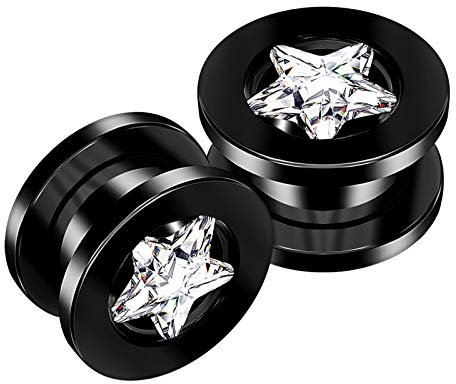 KJM Fashion 2 Stk Schwarz Eloxiert Schraube 12 mm 1/2 Inch Fleischtunnel Klar Stern geformt CZ Flesh Tunnels Ohrring Stecker Ear Plugs Piercing Schmuck 5368