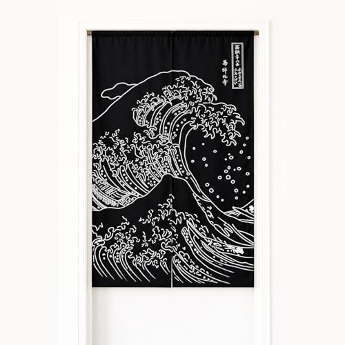 Feblilac Black Wave Japanese Door Curtain, Asian Noren Cotton Curtains, Japanese Doorway Curtain 33.5x 55 inch, Tapestry for Kitchen Bistro Partition Shading Home Decorative