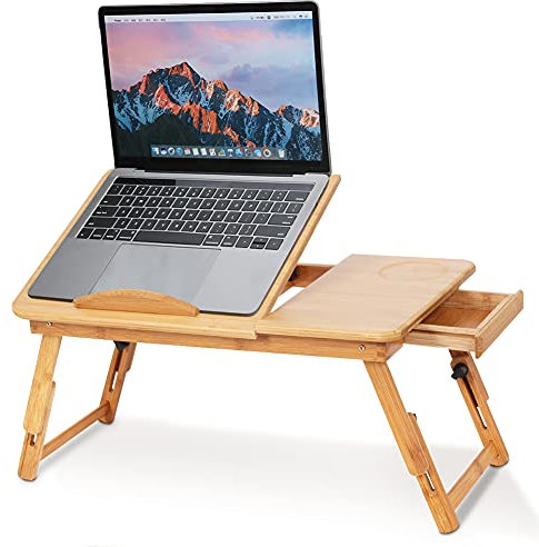 Laptoptisch aus Bambus, Höhenverstellbar, Klappbar, mit Schublade und Lüftungslöchern, für Lesen, Büro, Zeichen