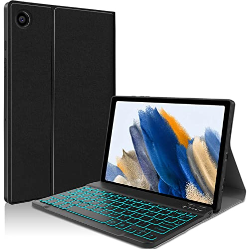 JUQITECH Backlit Wireless Keyboard Case for Samsung Galaxy Tab A8 10.5 Inch | UK Layout Detachable 7-Color Backlit Keyboard, Soft TPU Protective Case Cover, Extra Buckle S Pen Holder, USB-C Rechargeable