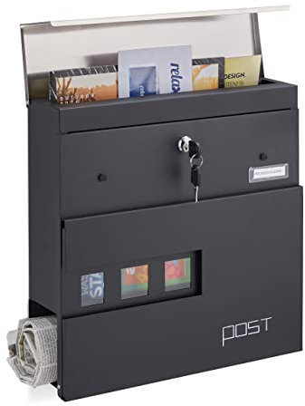 Relaxdays Boîte aux Lettres avec Porte-journaux, fenêtres de visualisation, 2 clés, Acier, HLP 37x37x11 cm, Noire