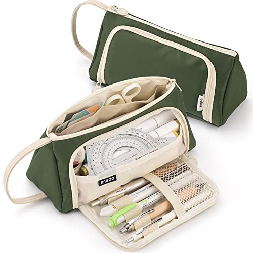 ONCCI Trousse à Crayons de Grande Capacité Durable,Trousse à Crayons avec Multifonctionnel Compartiments,Stylos Étui Sac pour Étudiant Papeterie Filles (Crème-Vert foncé)