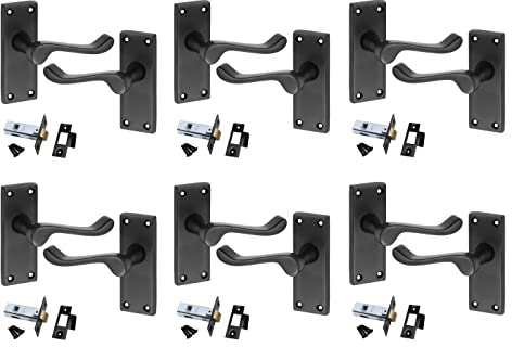 Golden Grace Victorian Scroll Latch Door Handles, Matt Black 6 Sets | Includes 2.5-inch fittings, spindles, and screws with 120mm x 40mm backplates for internal replacement or new doors.