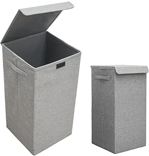 DuneDesign Juego de 2: 50L Cesta Ropa Sucia con Tapa - 30x30x60 Cubo Ropa Sucia Estrecho - Canasta Ropa Sucia Plegable Gris - Washing Basket Hamper de Ropa Infantil Cestas Ropa Sucia Altas para Baño