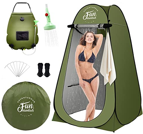 FUN ESSENTIALS Solar Shower Tent Kit, 2 Pcs, Instant Pop Up Privacy, Shower Tent, 5 Gallon Solar Shower Bag, Sun Canopy Beach Outdoor Camp Privacy, Easy Set Up, Foldable