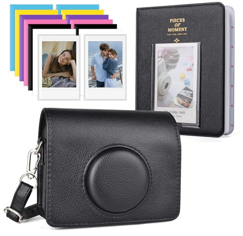 HIYQIN Fuji Mini Evo Kamera Tasche mit Fotoalbum/Zubehör - Schützende Ledertasche Kompatibel mit Fujifilm Instax Mini Evo Sofortbildkamera - Schwarz + Schwarz