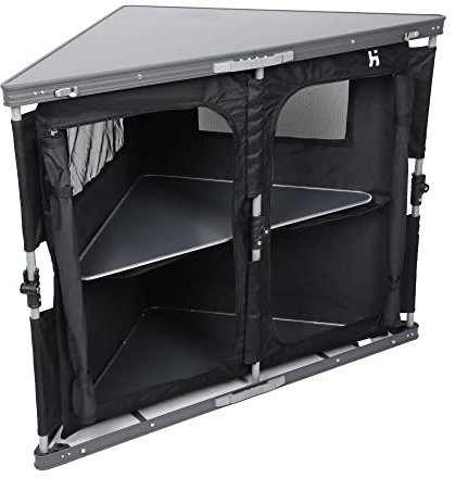 Hi-Gear Corner Cupboard with 2 Shelves and Solid Table Top, Easy to Assemble, Sturdy, Portable, Collapsible, Storage Unit, Organiser, Ideal for Camping and Festivals, includes Carry Bag, Black