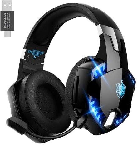 PHOINIKAS Casque Gaming Wireless pour PS4/PS5/Switch/PC/Téléphone Portable/Ordinateur Portable/Tablette, 2,4GHz Dongle(USB et Type-C), Microphone Antibruit Amovible, Stéréo 7.1, Lumière LED