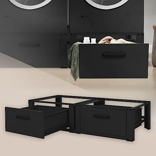 ML-Design Pedestal Doble para Lavadora o Secadora Negro 128 x 53.5 x 31.5 cm de Acero, Capacidad hasta 150kg x2 Soporte Base Estable y Robusta Bastidor Universal con 2 Cajones de Almacenamiento