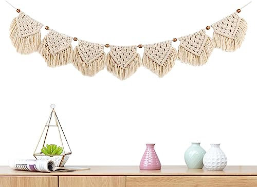 Arte da parete in macramè, elegante decorazione da parete boho macramè tessuta - Stendardo ghirlanda in macramè con perline di legno, decorazione murale di casa per appartamento, soggiorno, camera da