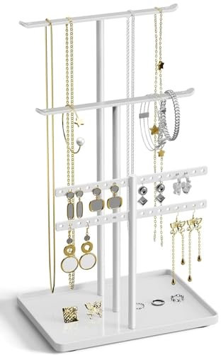 Schmuck Organizers, Schmuckständer 32cm Groß, 4 Ebenen Robust Schmuckaufbewahrung Reise, Schmuckschrank Organizer für Halskette, Armband, Parfüm und Ohrringe, Deko Aesthetic Accessoires, Weiß