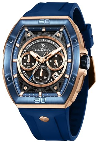Paras Crown Uhren Herren Chronograph mit 3 Zifferblättern, Datum & Stoppfunktion, Japanischem Quarz – Uhr für Herren Armbanduhr, Silikonarmband, 5ATM wasserdicht & Leuchtzeiger