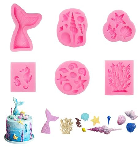 xlwen Meerjungfrau Schwanz Silikonform, 6 Stück Formen Fondant Meerjungfrau,Meerjungfrau Silikon Fondant Formen für Backen Schokolade Marzipan Kuchen Gelee Süßigkeiten