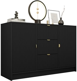 Mirjan24 Kommode Tireno 2D3SZ mit 3 Schubladen und 2 Türen (Schwarz) | Sideboard mit geriffelten Fronten, goldfarbenen Griffen und Stauraum für Kleidung und Accessoires, B/H/T: 118/75/40 cm