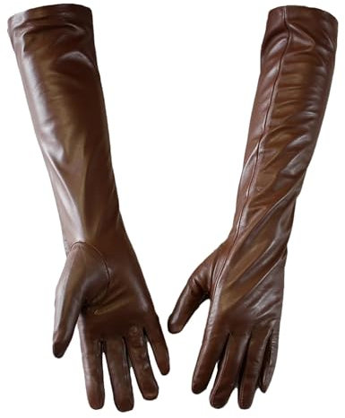 Lange Lederhandschuhe für Damen, Schaffell, dünn, über Ellenbogen, langes Fleecefutter, warme Winterhandschuhe, braun, 7