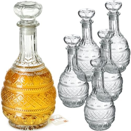 KADAX Set di 6 caraffe da whisky da 1 l, in vetro, con tappo, per vino rosso, bourbon, brandy e liquori