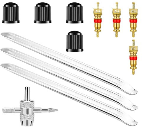 Lvjkes Montiereisen,3 Stück 30 cm Reifenheber Reifen Montiereisen Montierhebel Reifenmontage Werkzeug Tire Spoon Lever für Motorrad Fahrrad mit 4-in-1-Schraubenschlüssel,4 Fahrradkappe,4 Ventilkerne