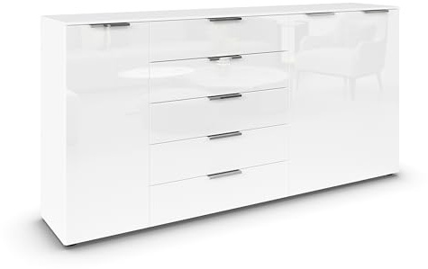 Rauch Möbel Flipp, Kommode, Farbe Glas Weiß, Breite 199 cm | Sideboard, 3-türig, 5 Schubladen, Glasfront, Soft-Close-Funktion, für Schlafzimmer, Gästezimmer, Wohnzimmer, Garderobe, Flur