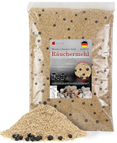 Moritz 1 kg de sciure de fumage en hêtre avec genévrier fin 0,5-1 mm I Fumoir à froid de poisson, viande, saucisse, fromage, légumes, également pour barbecue, barbecue