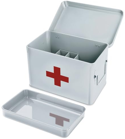 Plexon 8.5 Metal First Aid Box Empty, Medicine Storage Bin with Lid, Emergency Supplies Organizer, Portable First Aid Kit Case, White