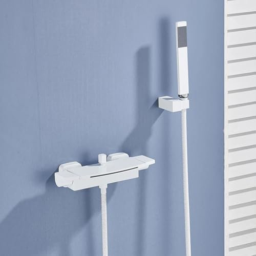 Badewannenarmatur Wasserfall Badewanne Wasserhahn Messing Wandmontage Zwei Griffe Wannenbatterie Badewannen Armatur Mit Handbrause Badewanne Mischbatterie Duscharmatur, Weiß
