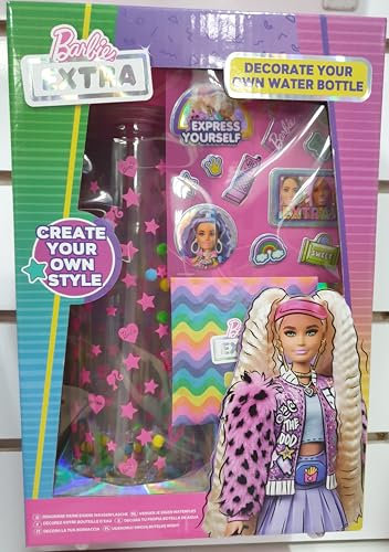 Barbie Decorate Your Own Pink Water Bottle – Reusable Kids Drink Bottle with Charms Stickers & Pom Pom Effect – Customisable Hydration for Trendy Girls