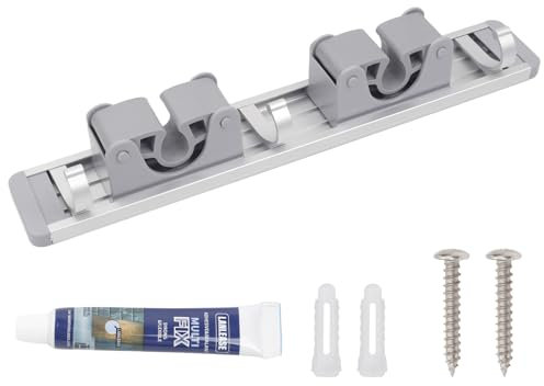 Andux Broom Mop Holder Broom Storage Wall Mounted Wall Mount Tool Organiser for Kitchen, Bathroom Garage Garden Broom Storage Wall Tool Rack TBJ-01 (Grey,2 slots 3 hooks)