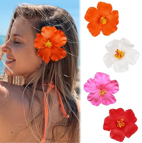 4 Stück Haarspangen mit Hawaiianischen Blumen, Hawaii-Blumen-Haarspangen für Frauen, Plumeria-Hibiskus-Haarspange, Haarschmuck für Damen, Frauen, Hochzeit, Strand, Sommer, Mehrfarbige