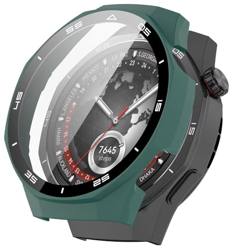 FTRONGRT Fodral kompatibelt med Huawei Watch GT 5 Pro 46 mm, PC + skärm härdad film, med skala, reptålig allomfattande klockfodral kompatibelt med Huawei Watch GT 5 Pro 46 mm. Officiell grön