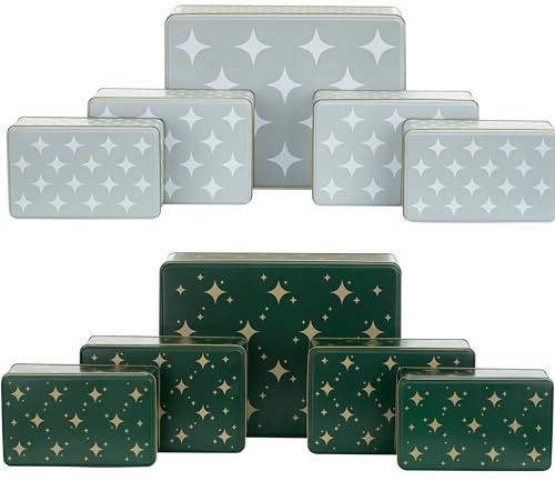 BALOU LIVING 10er Set Keksdose Weihnachten eckig - Weihnachtskeksdosen groß aus Metall - Weihnachtliche Plätzchendose Blechdose, Sterne grau/weiß + grün/gold