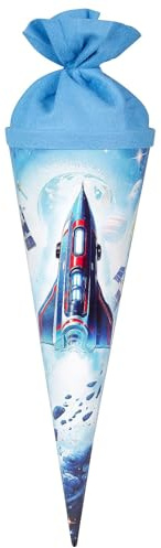 goldbuch 93 161 Geschwistertüte Weltraum, Schultüte mit Raumschiff-Motiv, Lackkarton, Geschenkverpackung mit blauem Filzverschluss (ohne Verschlussband), Zuckertüte rund, Länge 35 cm, Ø 11,5 cm, Blau