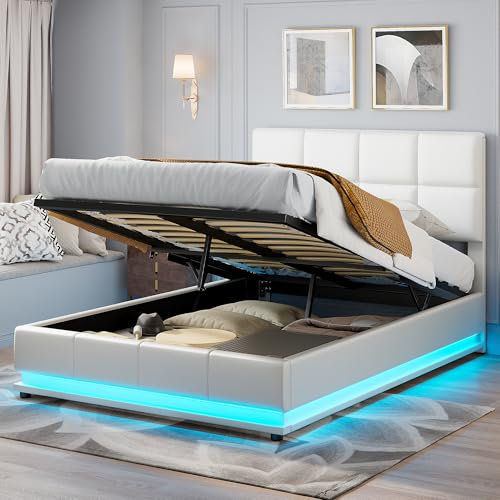 Ravas Polsterbett 140x200 cm mit LED Beleuchtung,16Farbwechsel,hydraulisch hochklappbarer Lattenrost,Modernes Doppelbett,Lederbett Erwachsenen-Jugendbett mit viel Stauraum für Schlafzimmer