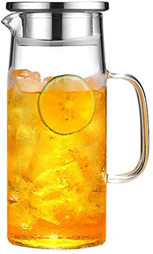Jarra de agua de vidrio con tapa y asa, jarra transparente para té helado y agua caliente, jarra con boquilla en V, 1 recipiente de agua fría y caliente de 5 litros