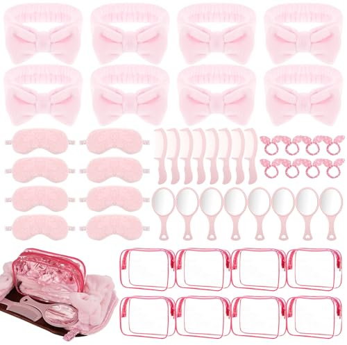 48 Stück Spa Sleepover Party Zubehör Set für Mädchen Übernachtungsparty Niedlich Supplies Partyzubehör,8 Rosa Stirnbänder 8 Schlafmaske 8 Haargummis 8 Kosmetiktaschen 8 Spiegel 8 Kamm