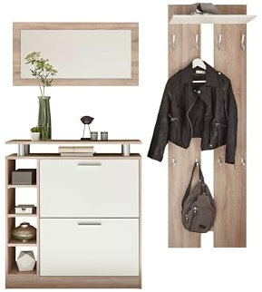 möbelando Kompaktgarderobe >Track< Eiche Sonoma Dekor/Weiß 155x190 cm, 2 Klappen, 4 offene Fächer, 3 Einlegeböden, 8 Haken, Melaminbeschichtung, Schuhkommode, Spiegel, zerlegt geliefert