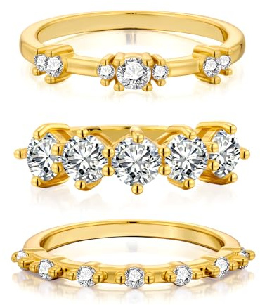ALEXCRAFT 3 Piezas Anillo Oro Mujer, Juegos Anillos Circón, Anillo Apilable, Brillante, Hipoalergenicos, Acero Inoxidable, Anillos de Compromiso, Anillo Amistad, Regalo para Novia Madre, Talla 7