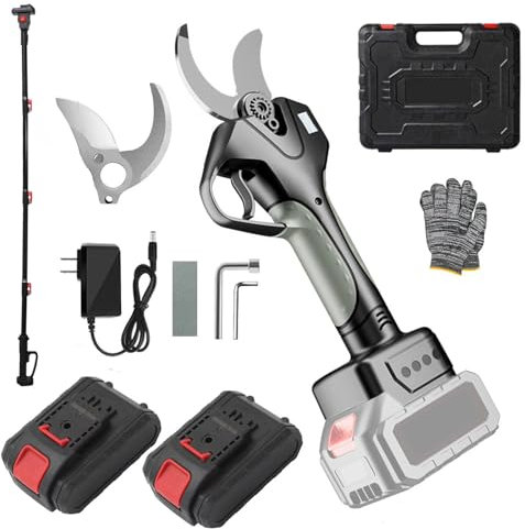 aromaoveite Sécateur électrique pour Le Jardinage, Sécateur électrique De 40 Mm, Perche Télescopique De 1,5/2 M + 2 Batteries, écran LCD, pour La Taille des Arbres Et Le Désherbage,2M